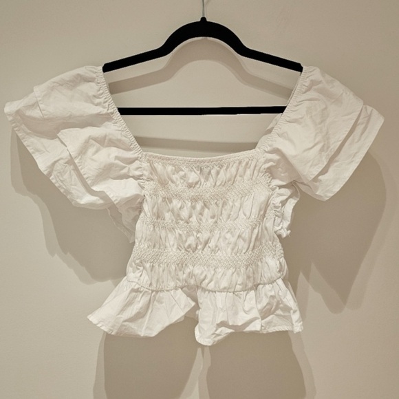 Zara White Puff Sleeve Smocked Cropped Top S - Picture 3 of 5
